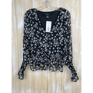 NWT AQUA By Bloomingdales Black & Ivory Floral Blouse Size M